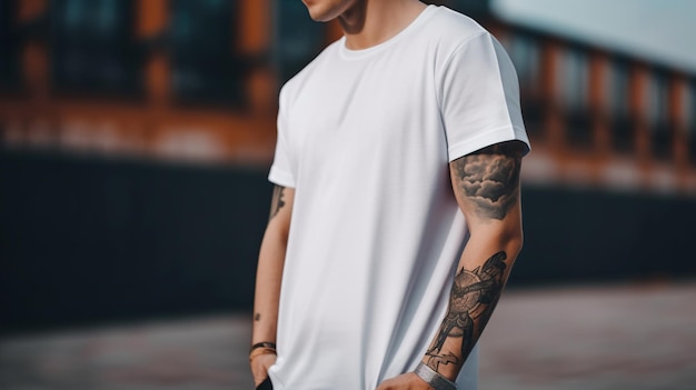 Generative AI Realistic white TShirt mock up blank put on young man copyspace for presentation