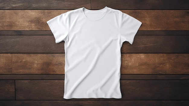 Generative AI Realistic white TShirt mock up blank on wood background for presentation advertising