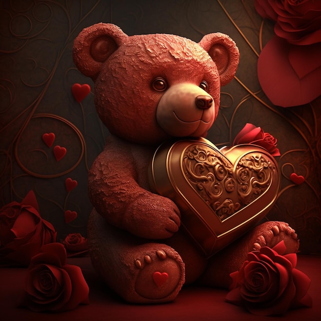 Generative ai red cute teddy bear holding a heart