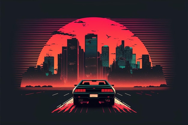 Generative AI Retro car in retro style nostalgic 80s 90s Night city landscape sunset scifi retrowave