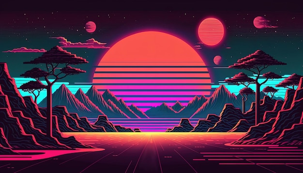 Generative AI Retro style nostalgic 80s 90s Night landscape sunset colors scifi retrowave vintage