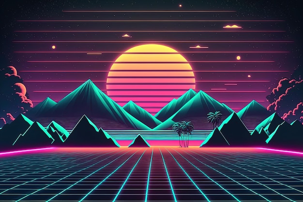 Generative AI Retro style nostalgic 80s 90s Night landscape sunset colors scifi retrowave