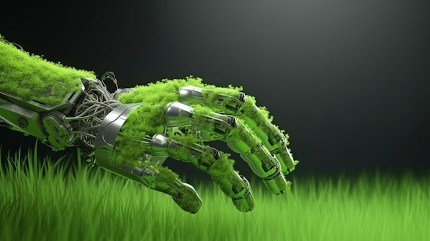 Generative AI a robotic hand and a human arm wrapped in luxuriant vegetation are examples of green technology