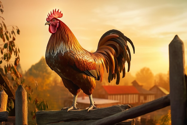 Generative AI a rooster standing on the wooden fence of a farm