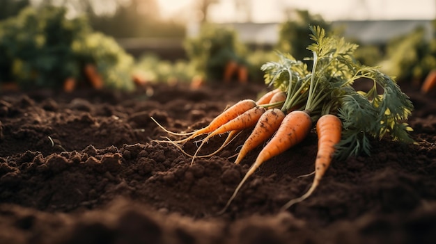 Generative AI Row of fresh carrots with green leafs on the ground vegetables in the garden