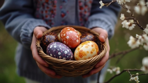 Generative AI's Basket of Easter Eggs with Smiling Child Against Blooming Tree