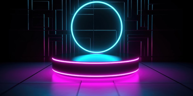 Generative AI SciFi Futuristic neon glowing banner with podium Abstract cyberpunk background