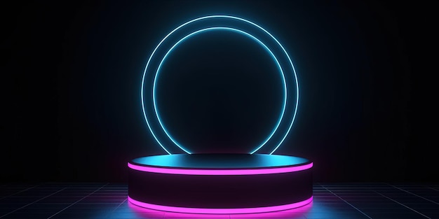 Generative AI SciFi Futuristic neon glowing banner with podium Abstract cyberpunk background