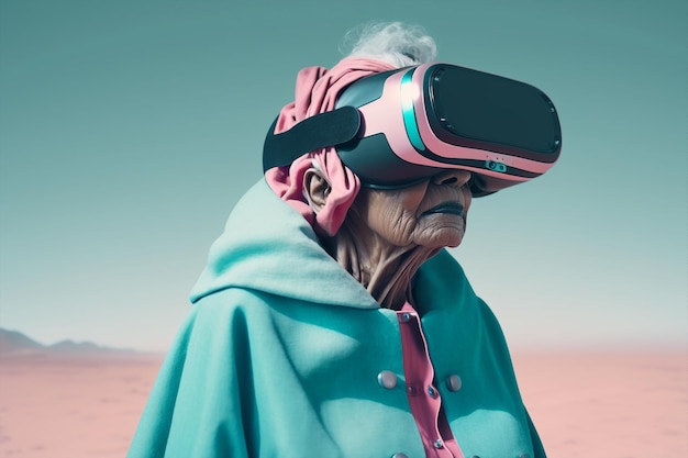 Generative ai senior woman using 3D vr goggles