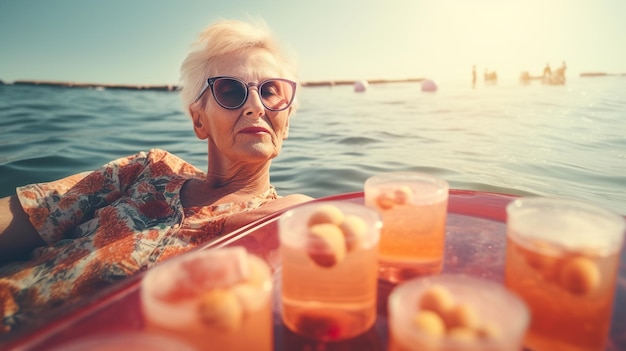 Generative ai senior woman with sunglasses relaxing in the water