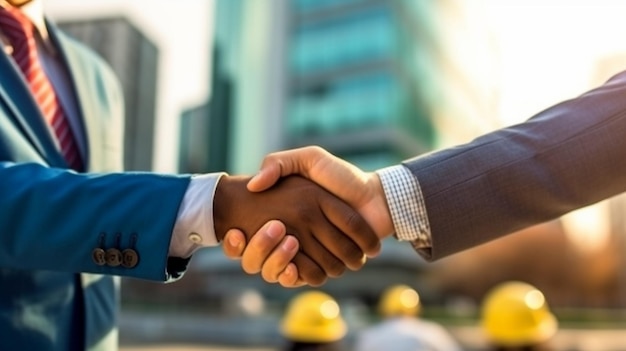 Generative AI shaking hands with a smiling construction worker wearing safety gear