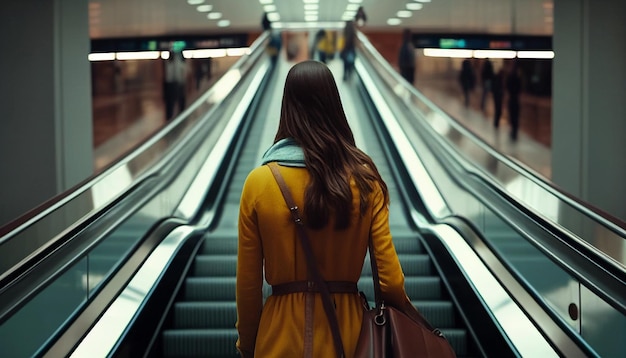 Generative AI shopper woman with shopping cart on moving walkway ascending to second level retail mall