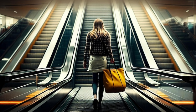 Generative AI shopper woman with shopping cart on moving walkway ascending to second level retail mall