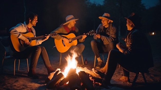 Generative AI shows a group of individuals enjoying themselves while sitting around a bonfire at night playing guitar singing and joking about