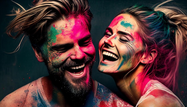 Generative AI shows a guy and some ladies laughing and having fun with their faces and hair covered in paint and colorful powders in the style of the Holi festival