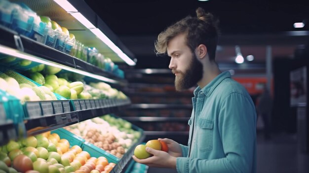 Generative AI shows a handsome man purchasing nutritious food and beverages at a modern supermarket or grocery shop