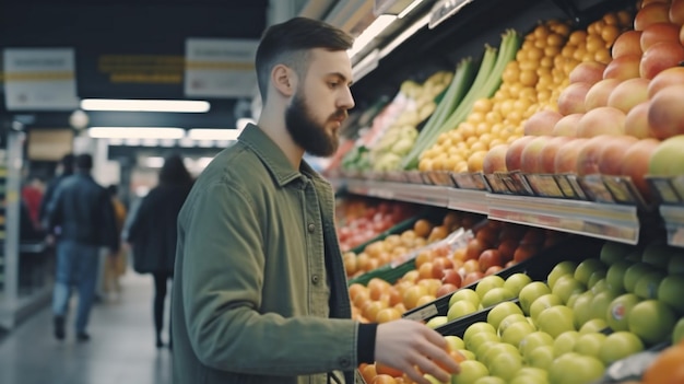 Generative AI shows a handsome man purchasing nutritious food and beverages at a modern supermarket or grocery shop