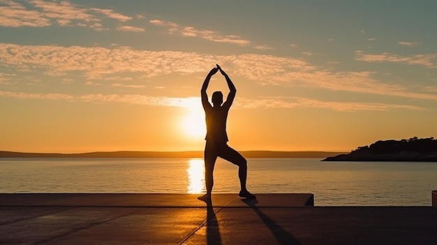 Generative AI shows a man stretching at morning by the sea with the sun in the backdrop