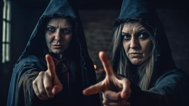 Generative AI shows you two enraged witches making menacing hand gestures