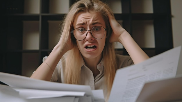 Generative AI shows a young woman under stress torn documents with an angry look