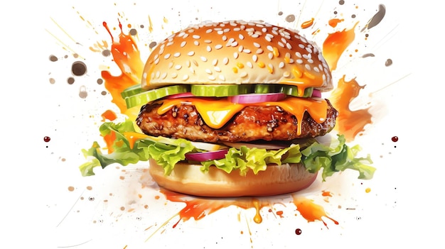 Generative AI Sizzling Savory Splash Watercolor Burger Delight on White Canvas