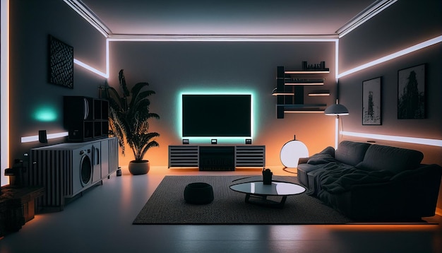 Generative AI in a sleek and comfortable basement area lighted by led strips