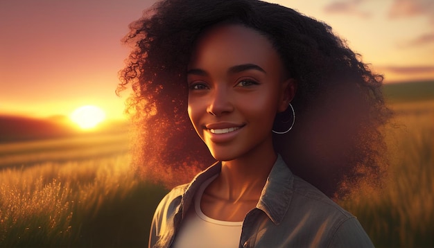 Generative AI a smiling AfricanAmerican young woman on the field at sunset