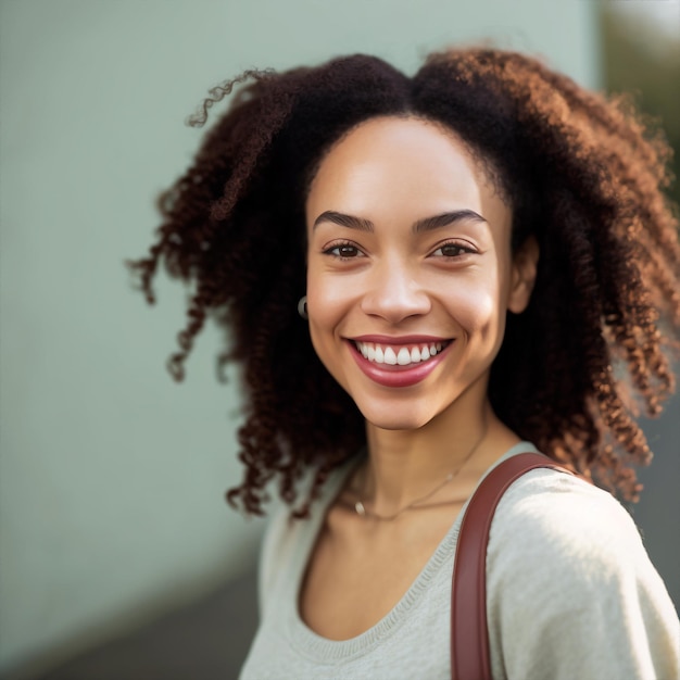 Generative ai smiling mixed race curly hair young woman having fun serene and confident outdoors