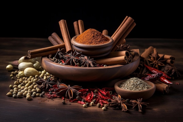 Generative AI Spice Showcase Aromatic Spices in a Rustic Wooden Bowl