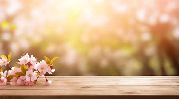 Generative AI Spring Serenity Cherry Blossom Delight on a Wooden Table in Blooming Orchard