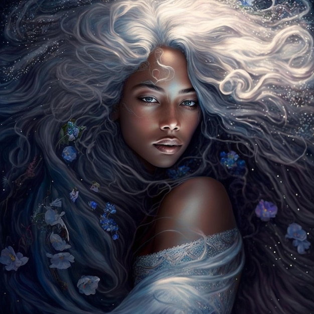 Generative ai stunning beautiful grey hair young black woman surreal and fantastic portrait