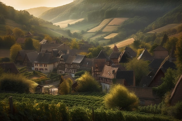 Generative ai stunning sunset panorama of small villages on green hills