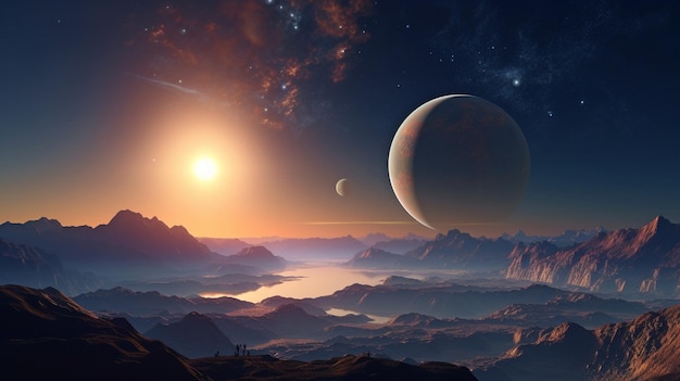 Generative AI sunrise over a collection of planets in space