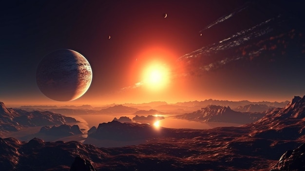 Generative AI sunrise over a collection of planets in space