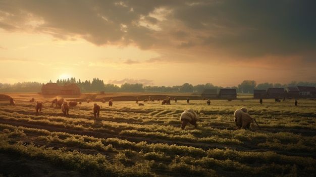 Generative AI Sunset scene over a picturesque countryside farm where workers carefully collect potatoes from the rich earthy fields