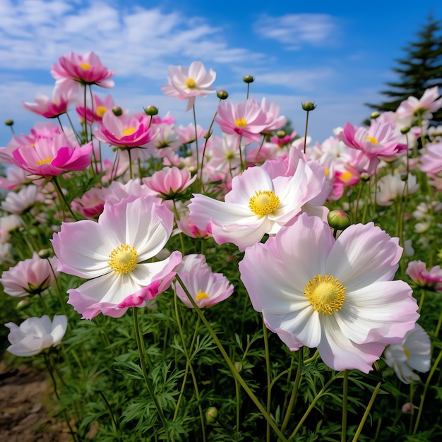 Generative AI Sweet Pink Cosmos A Delicate Field of Blooming Beauty