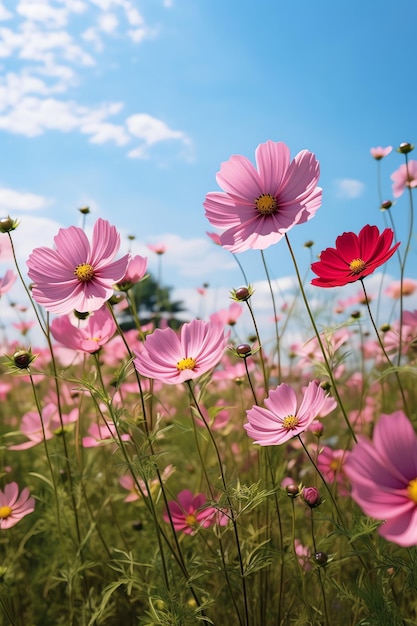 Generative AI Sweet Pink Cosmos A Delicate Field of Blooming Beauty