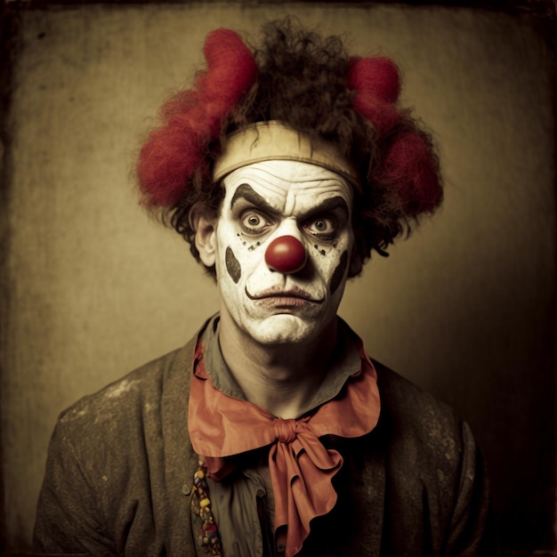 Generative AI technology crazy creepy disturbing clown on isolated background