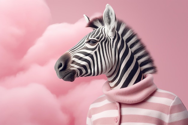 Generative ai template collage of anthropomorphic zebra wear fashionable outfit on pink pastel background