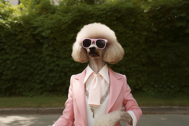 Generative ai template image picture collage of trend stylish person with doggy poodle head in pink jacket travel outside town