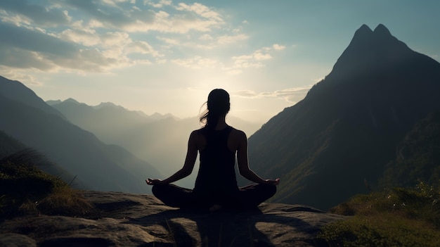 Generative AI A tranquil yoga session with a group of practitioners in a picturesque mountain setting embracing inner peace