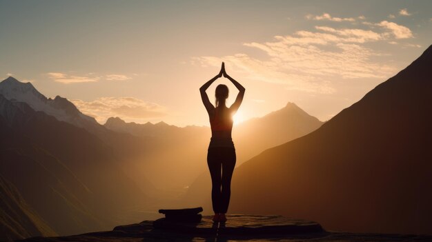 Generative AI A tranquil yoga session with a group of practitioners in a picturesque mountain setting embracing inner peace