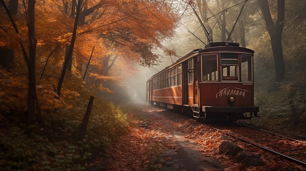 Generative AI travels through an autumnal woodland while riding a weird tram