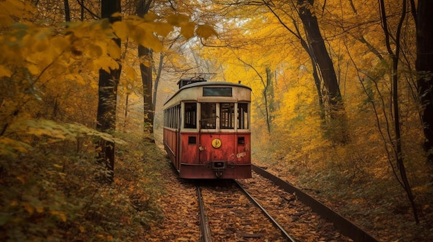 Generative AI travels through an autumnal woodland while riding a weird tram