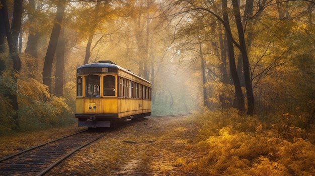 Generative AI travels through an autumnal woodland while riding a weird tram