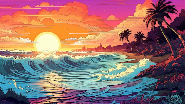 Generative AI tropical beach in the sunset linear illustration psychedelic manga style highly detailed Anime colorful stylex9