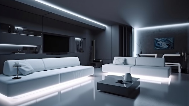 Generative AI TV and sofa in a futuristic living room