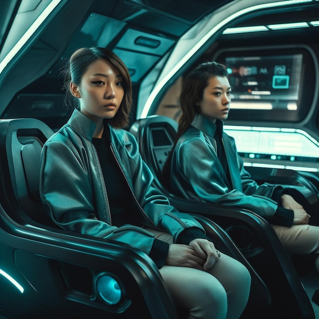 Generative ai twins asian women sisters sitting in self driving electric car