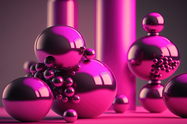 Generative AI Two big spheres and little beads balls in magenta color Glossy pink fluid