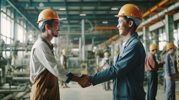 Generative AI Two engineer shaking hands with deals and congratulations on success panorama image u